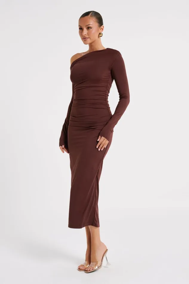 Women Meshki Dresses Christabel Recycled Nylon Ruched Midi Dress 8211 Chocolate