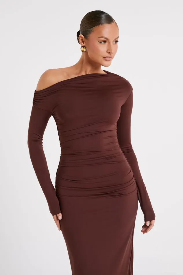 Women Meshki Dresses Christabel Recycled Nylon Ruched Midi Dress 8211 Chocolate