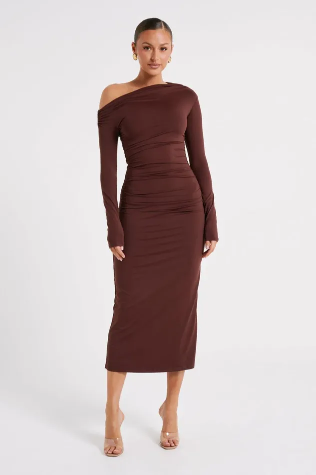 Women Meshki Dresses Christabel Recycled Nylon Ruched Midi Dress 8211 Chocolate