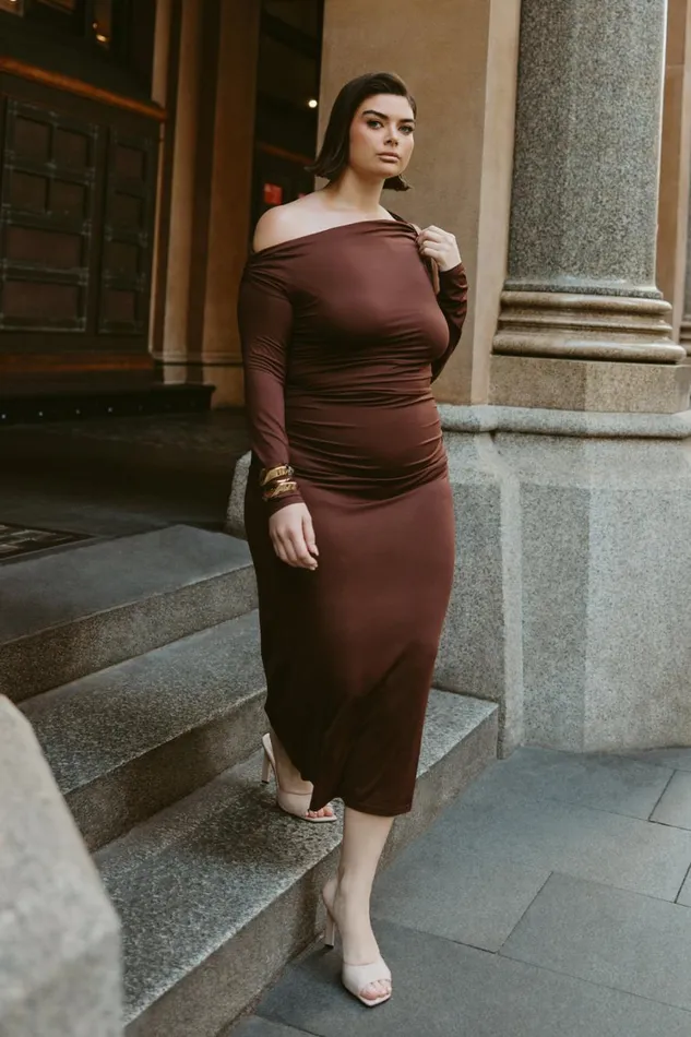 Women Meshki Dresses Christabel Recycled Nylon Ruched Midi Dress 8211 Chocolate