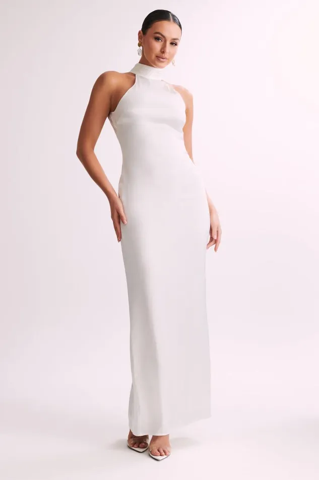 Women Meshki Dresses Claire Satin Drape Back Maxi Dress 8211 White Women Meshki Dresses Claire Satin Drape Back Maxi Dress 8211 White