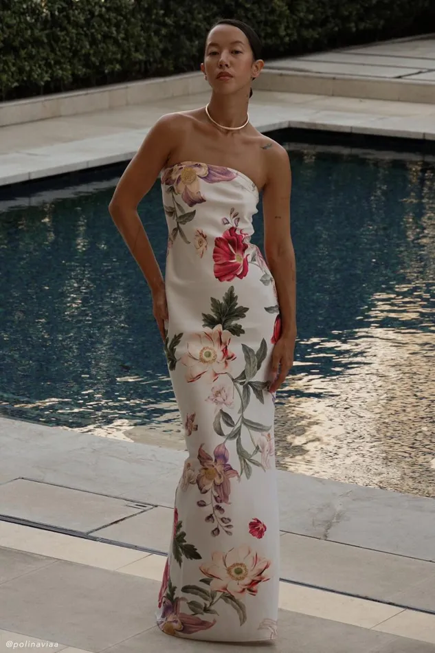 Women Meshki Dresses Claudette Strapless Satin Maxi Dress 8211 Bella Rosa Print Women Meshki Dresses Claudette Strapless Satin Maxi Dress 8211 Bella Rosa Print