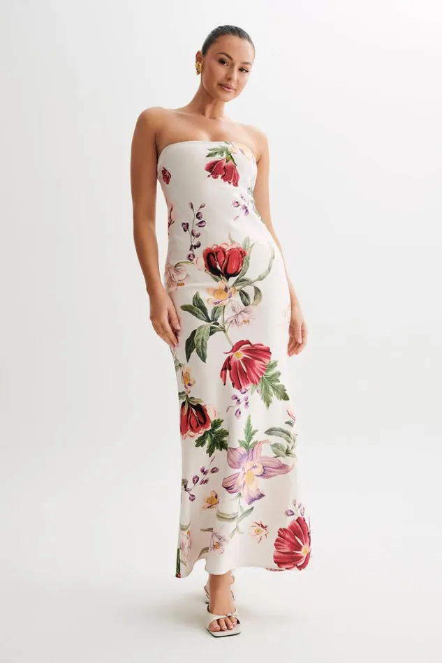 Women Meshki Dresses Claudette Strapless Satin Maxi Dress 8211 Bella Rosa Print