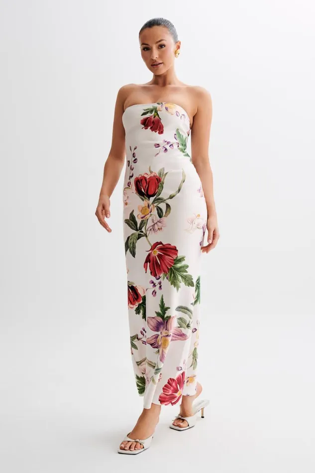 Women Meshki Dresses Claudette Strapless Satin Maxi Dress 8211 Bella Rosa Print