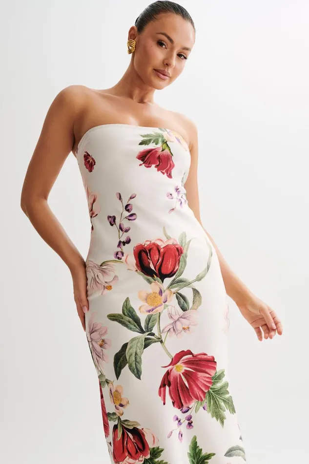 Women Meshki Dresses Claudette Strapless Satin Maxi Dress 8211 Bella Rosa Print