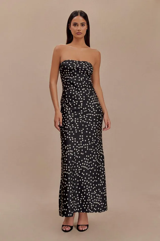 Women Meshki Dresses Claudette Strapless Satin Maxi Dress 8211 Black Polka Dot Print
