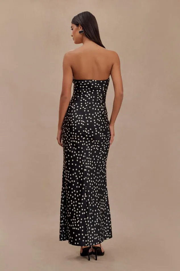 Women Meshki Dresses Claudette Strapless Satin Maxi Dress 8211 Black Polka Dot Print