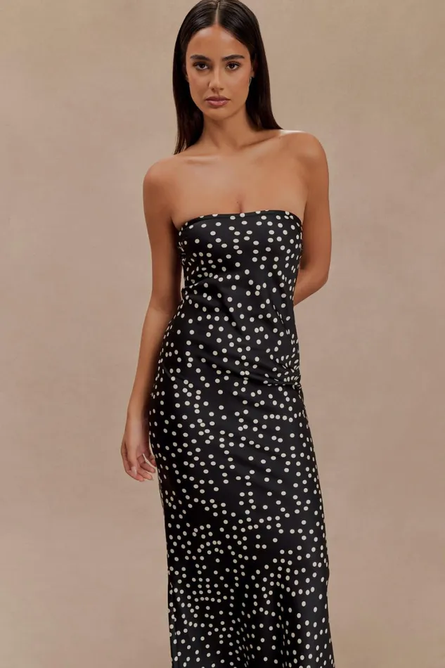 Women Meshki Dresses Claudette Strapless Satin Maxi Dress 8211 Black Polka Dot Print