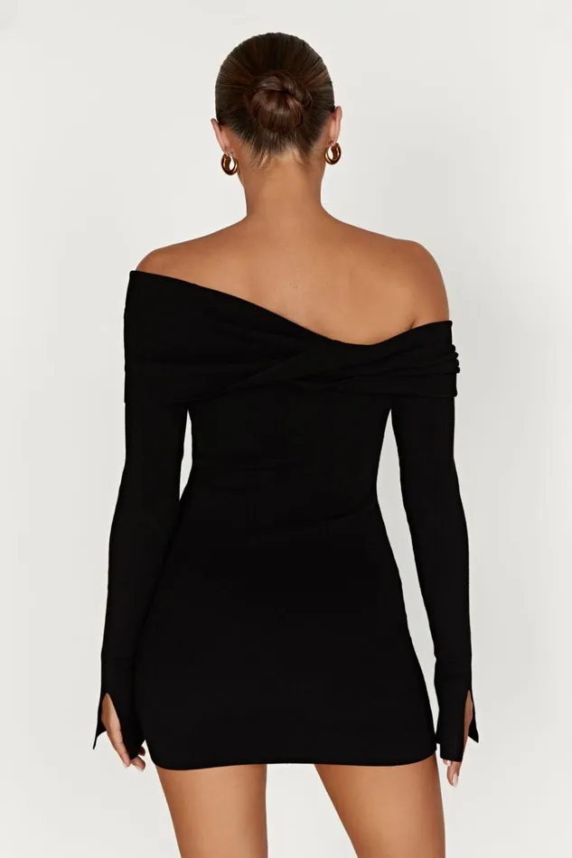 Women Meshki Dresses Clover Off Shoulder Knit Mini Dress 8211 Black