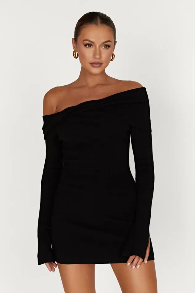 Women Meshki Dresses Clover Off Shoulder Knit Mini Dress 8211 Black
