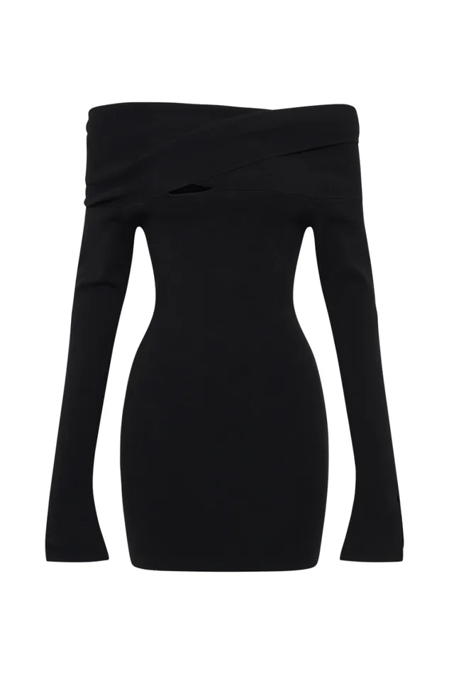Women Meshki Dresses Clover Off Shoulder Knit Mini Dress 8211 Black