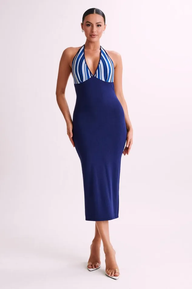 Women Meshki Dresses Dana Stripe Knit Halter Midi Dress 8211 Powder Blue