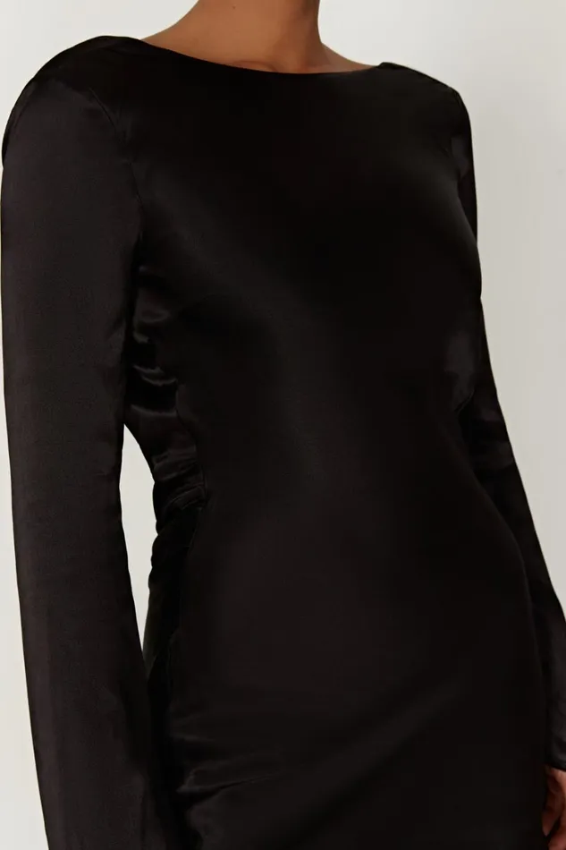 Women Meshki Dresses Davina Satin Long Sleeve Mini Dress 8211 Black