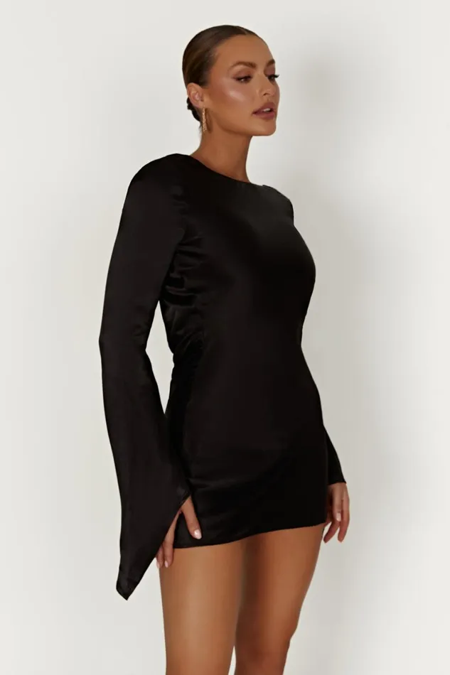 Women Meshki Dresses Davina Satin Long Sleeve Mini Dress 8211 Black