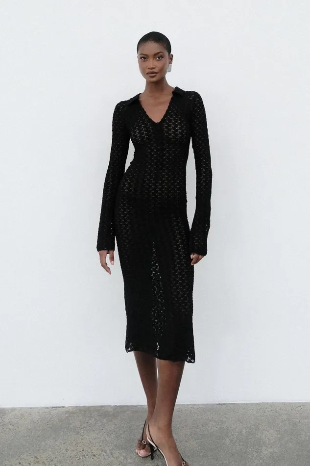 Women Meshki Dresses Dionne Lace Long Sleeve Midi Dress 8211 Black