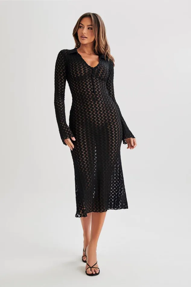 Women Meshki Dresses Dionne Lace Long Sleeve Midi Dress 8211 Black