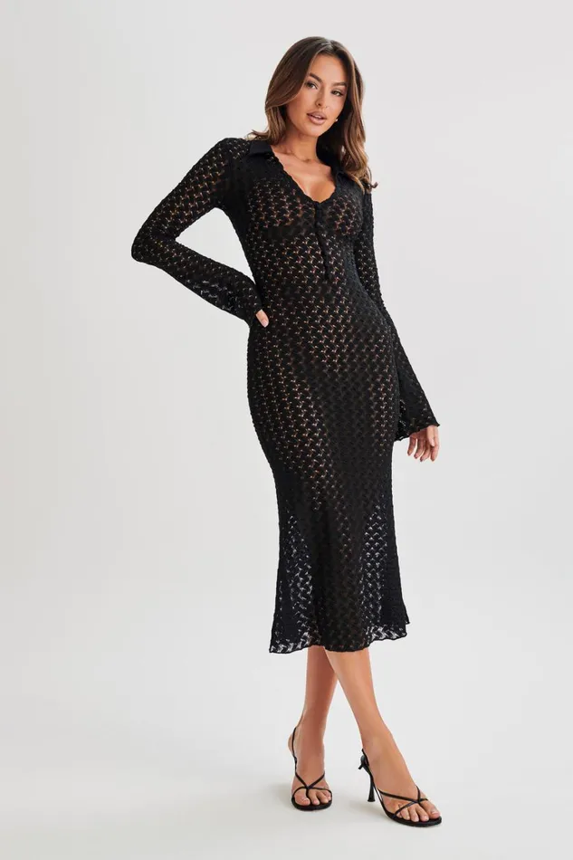 Women Meshki Dresses Dionne Lace Long Sleeve Midi Dress 8211 Black