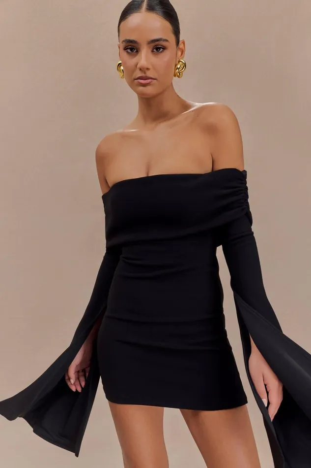 Women Meshki Dresses Dominique Off Shoulder Long Sleeve Mini Dress 8211 Black