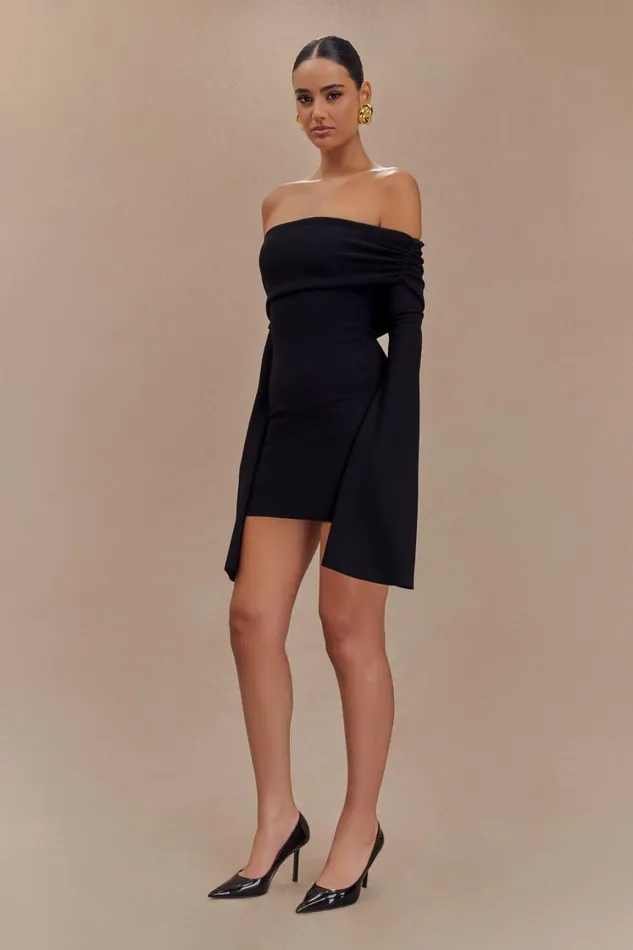 Women Meshki Dresses Dominique Off Shoulder Long Sleeve Mini Dress 8211 Black