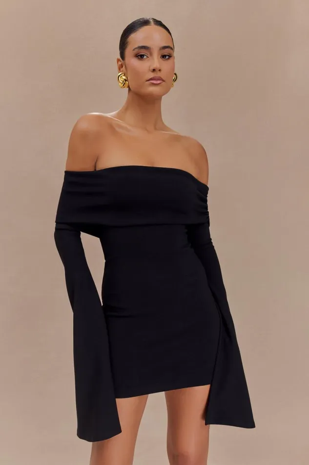 Women Meshki Dresses Dominique Off Shoulder Long Sleeve Mini Dress 8211 Black