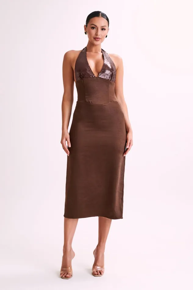 Women Meshki Dresses Ebony Satin Midi Dress With Sequins 8211 Chocolate