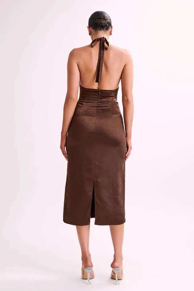 Women Meshki Dresses Ebony Satin Midi Dress With Sequins 8211 Chocolate