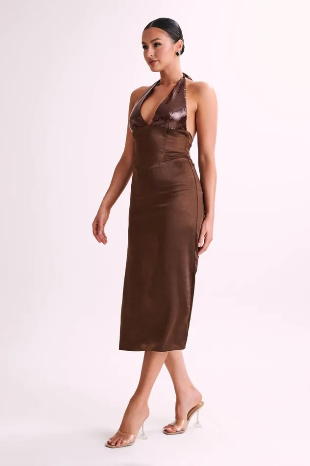 Women Meshki Dresses Ebony Satin Midi Dress With Sequins 8211 Chocolate
