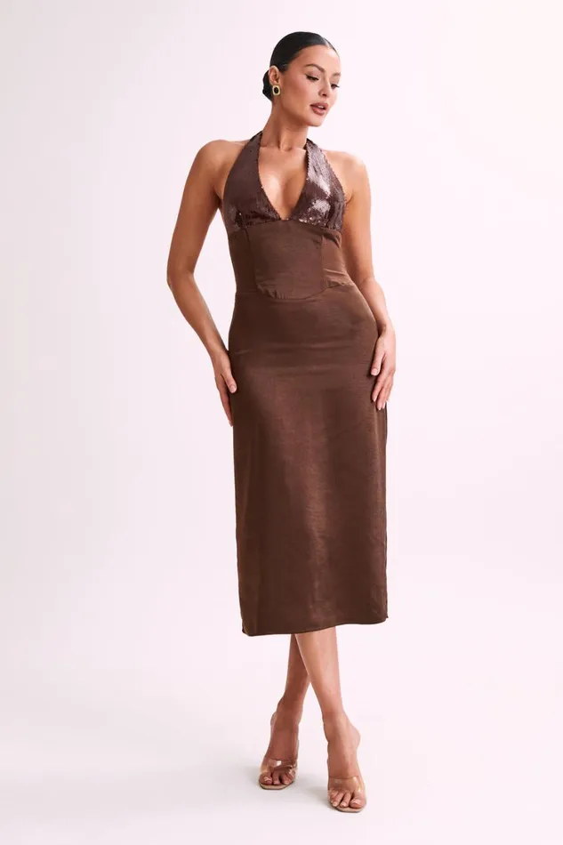 Women Meshki Dresses Ebony Satin Midi Dress With Sequins 8211 Chocolate