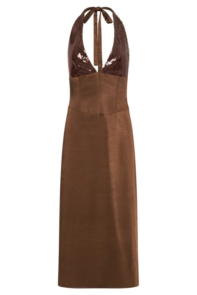 Women Meshki Dresses Ebony Satin Midi Dress With Sequins 8211 Chocolate