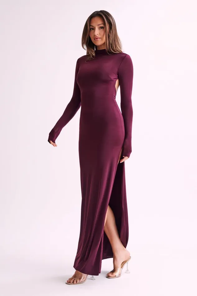 Women Meshki Dresses Elani Slinky High Neck Maxi Dress 8211 Burgundy