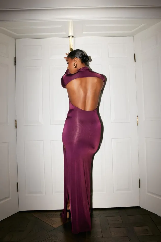 Women Meshki Dresses Elani Slinky High Neck Maxi Dress 8211 Burgundy