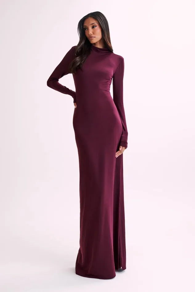 Women Meshki Dresses Elani Slinky High Neck Maxi Dress 8211 Burgundy