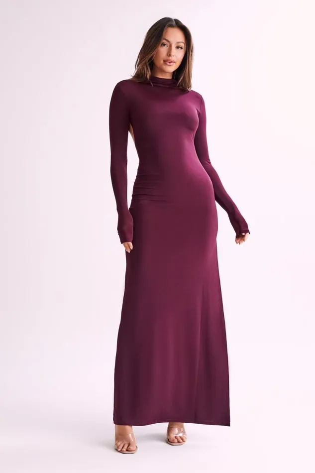Women Meshki Dresses Elani Slinky High Neck Maxi Dress 8211 Burgundy
