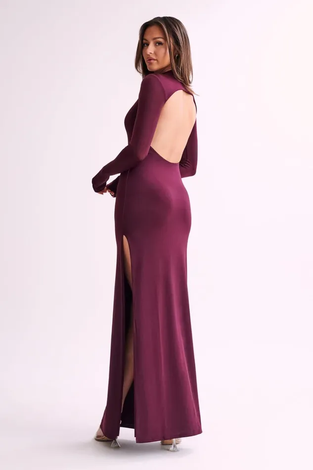 Women Meshki Dresses Elani Slinky High Neck Maxi Dress 8211 Burgundy