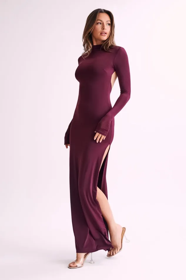 Women Meshki Dresses Elani Slinky High Neck Maxi Dress 8211 Burgundy