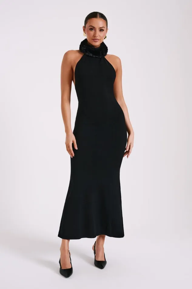 Women Meshki Dresses Elva Halter Knit Maxi Dress With Faux Fur 8211 Black