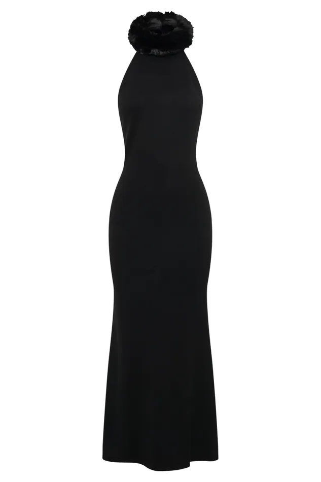 Women Meshki Dresses Elva Halter Knit Maxi Dress With Faux Fur 8211 Black Women Meshki Dresses Elva Halter Knit Maxi Dress With Faux Fur 8211 Black