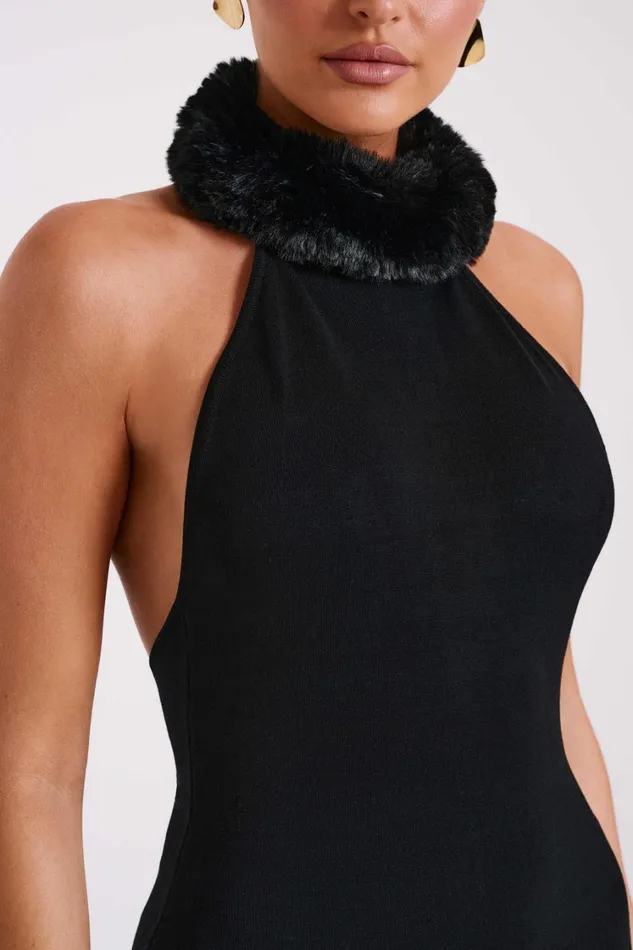 Women Meshki Dresses Elva Halter Knit Maxi Dress With Faux Fur 8211 Black Women Meshki Dresses Elva Halter Knit Maxi Dress With Faux Fur 8211 Black