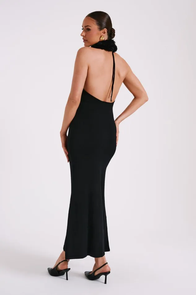 Women Meshki Dresses Elva Halter Knit Maxi Dress With Faux Fur 8211 Black Women Meshki Dresses Elva Halter Knit Maxi Dress With Faux Fur 8211 Black