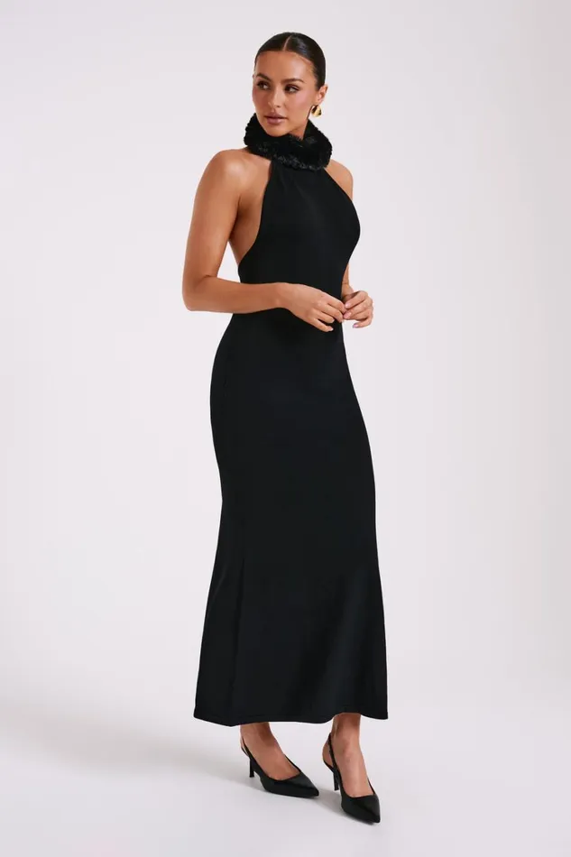 Women Meshki Dresses Elva Halter Knit Maxi Dress With Faux Fur 8211 Black Women Meshki Dresses Elva Halter Knit Maxi Dress With Faux Fur 8211 Black
