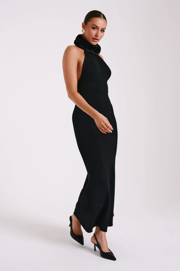 Women Meshki Dresses Elva Halter Knit Maxi Dress With Faux Fur 8211 Black Women Meshki Dresses Elva Halter Knit Maxi Dress With Faux Fur 8211 Black