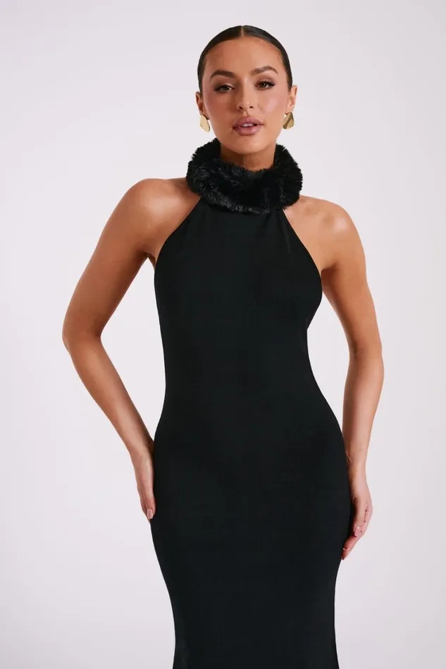 Women Meshki Dresses Elva Halter Knit Maxi Dress With Faux Fur 8211 Black Women Meshki Dresses Elva Halter Knit Maxi Dress With Faux Fur 8211 Black