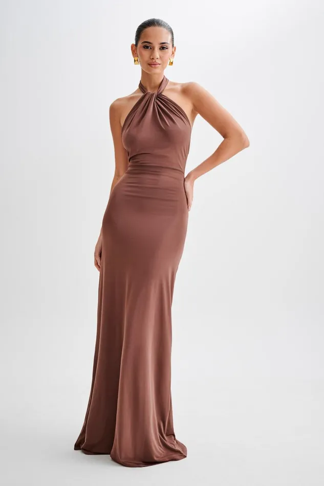 Women Meshki Dresses Elyna Slinky Halter Maxi Dress 8211 Chocolate