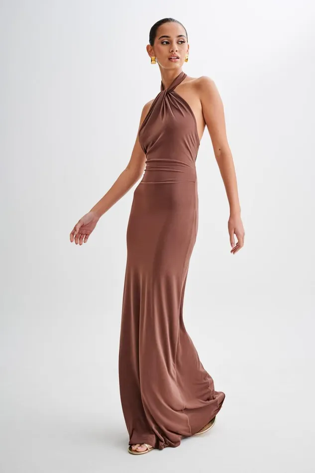 Women Meshki Dresses Elyna Slinky Halter Maxi Dress 8211 Chocolate