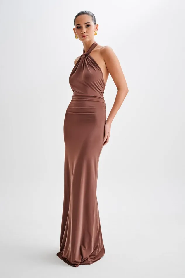 Women Meshki Dresses Elyna Slinky Halter Maxi Dress 8211 Chocolate