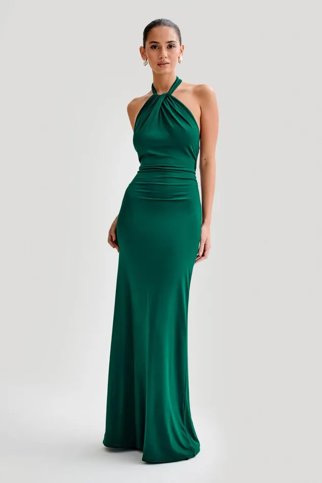 Women Meshki Dresses Elyna Slinky Halter Maxi Dress 8211 Forest Green
