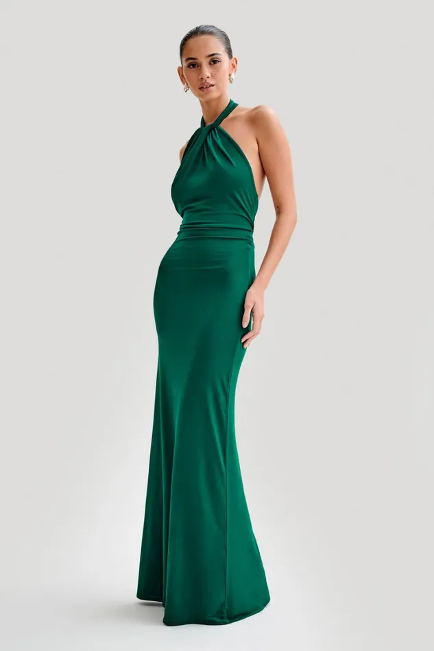 Women Meshki Dresses Elyna Slinky Halter Maxi Dress 8211 Forest Green