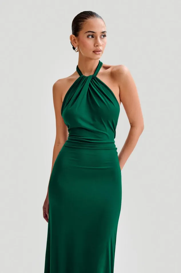 Women Meshki Dresses Elyna Slinky Halter Maxi Dress 8211 Forest Green
