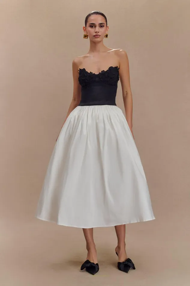 Women Meshki Dresses Elyssa Embroidered Contrast Midi Dress 8211 WhiteBlack