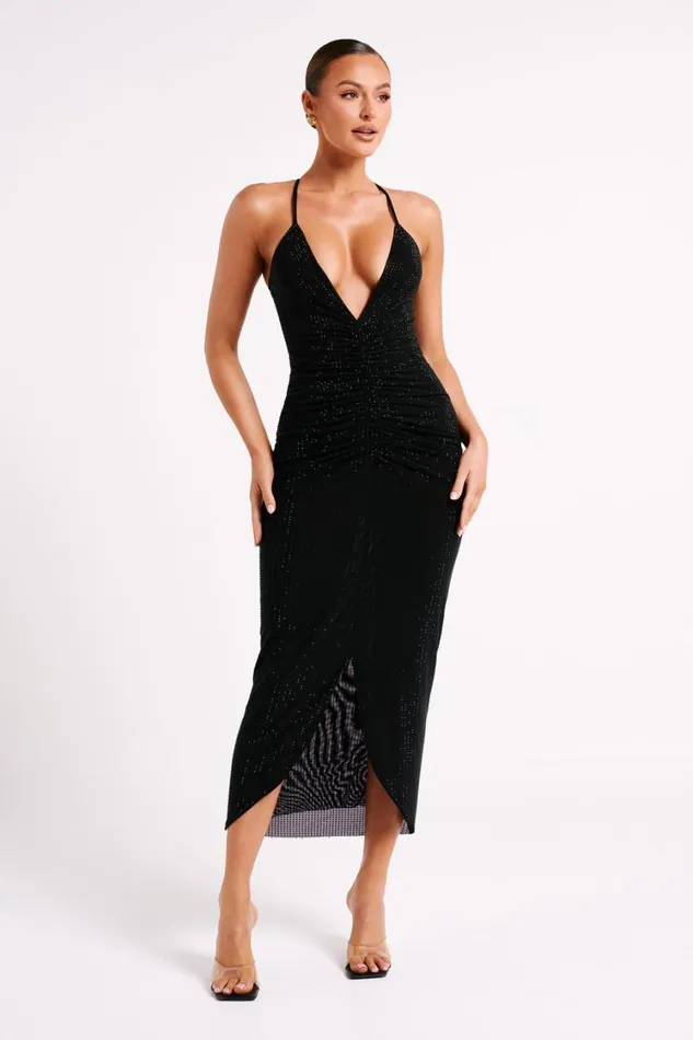 Women Meshki Dresses Emeraude Diamante Ruched Midi Dress 8211 Black